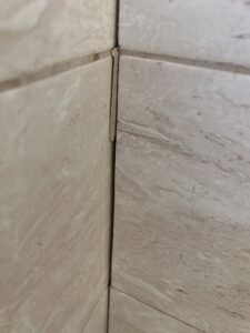 Shower tiles missing grout allowing water infiltration.